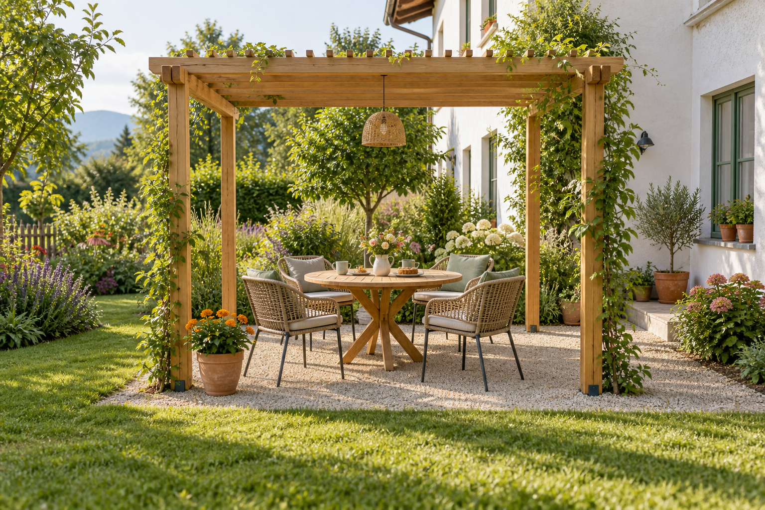 Vollständige Gartenpergola mit Tisch, vier Stühlen und blühenden Pflanzen